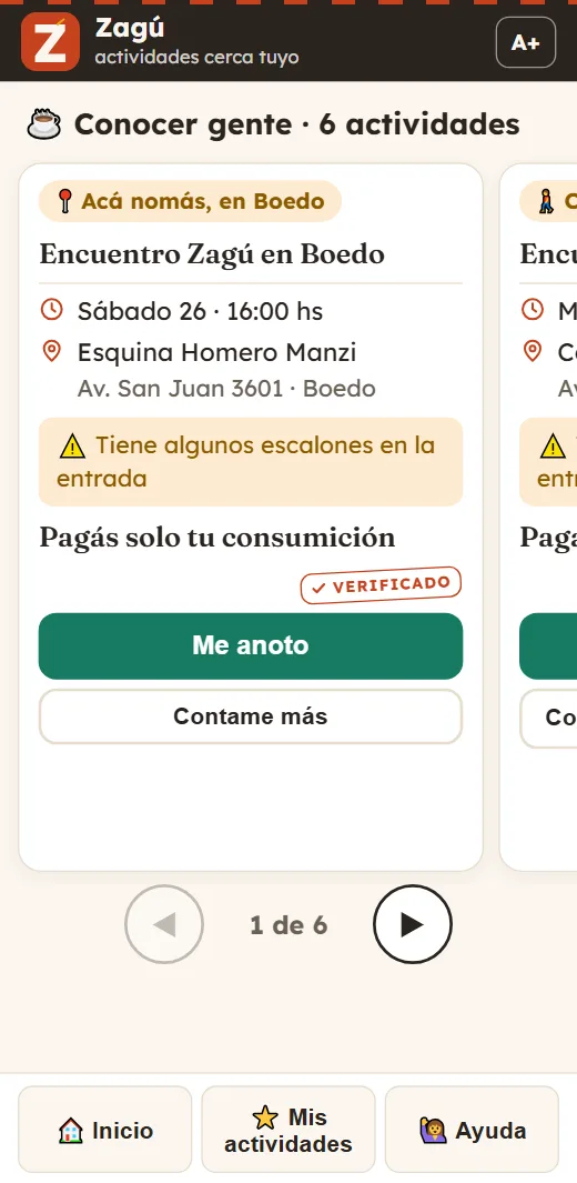 Pantalla de Zagú con un encuentro en tu barrio